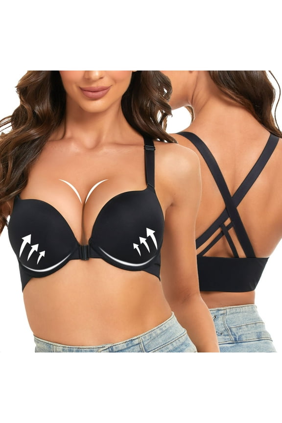 Women's Push Up Bra Racerback Front Closure Criss-Cross Padded T-Shirt Bras Underwire Plunge Add Cup, Black 38D
