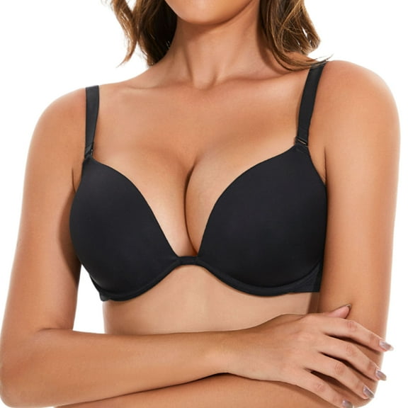 YANDW Women's Push Up Padded Bra T-Shirt Underwire Plunge Bra Add One Cup, Black 40B