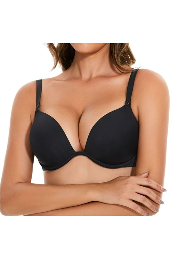 Women's Push Up Padded Bra T-Shirt Underwire Plunge Bra Add One Cup, Black 40B