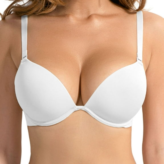 YANDW Women's Push Up Padded Bra T-Shirt Underwire Plunge Bra Add One Cup, White 34C
