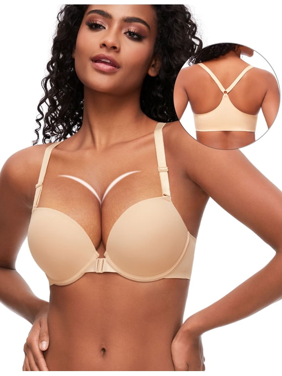 Women's Racerback Push Up Bra Front Closure Padded T-Shirt Bras Seamless Underwire Add Cup, Beige 32B