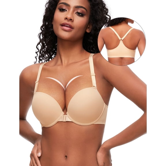 YANDW Women's Racerback Push Up Bra Front Closure Padded T-Shirt Bras Seamless Underwire Add Cup, Beige 32D