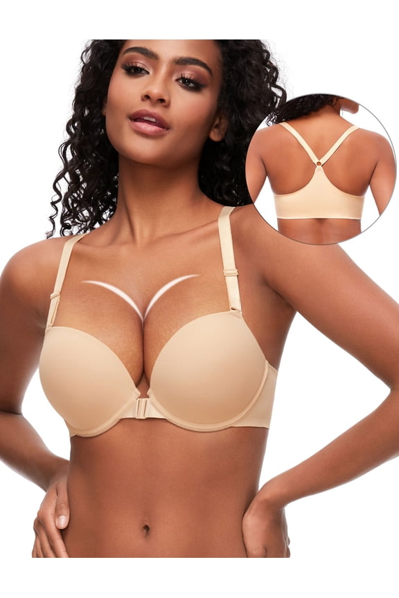 Women's Racerback Push Up Bra Front Closure Padded T-Shirt Bras Seamless Underwire Add Cup, Beige 40D