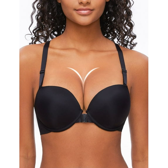 YANDW Women's Racerback Push Up Bra Front Closure Padded T-Shirt Bras Seamless Underwire Add Cup, Black 34B