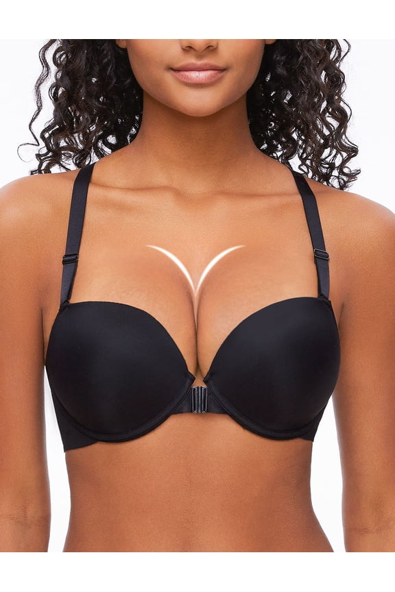Women's Racerback Push Up Bra Front Closure Padded T-Shirt Bras Seamless Underwire Add Cup, Black 34C