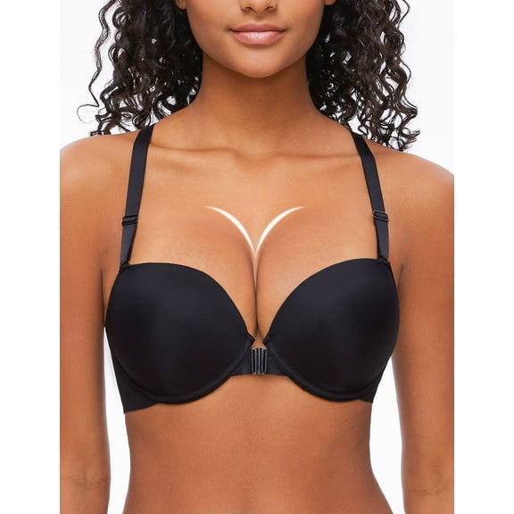 YANDW Women's Racerback Push Up Bra Front Closure Padded T-Shirt Bras Seamless Underwire Add Cup, Black 38B