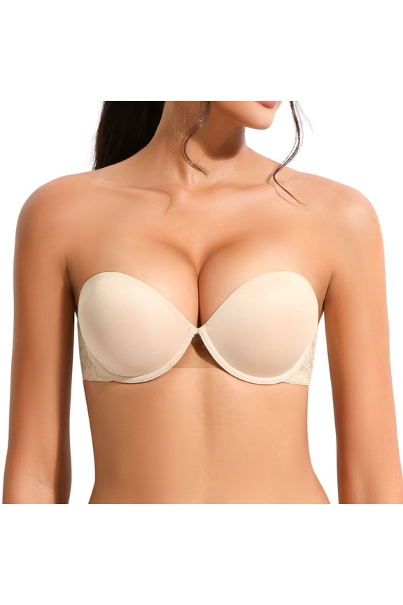 Women's Strapless Push Up Bra with Clear Straps Multiway Thick Padded Underwire Bras, Beige 32D
