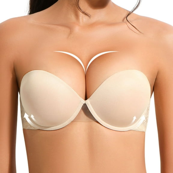 YANDW Women's Strapless Push Up Bra with Clear Straps Multiway Thick Padded Underwire Bras, Beige 34B