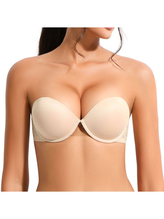 Women's Strapless Push Up Bra with Clear Straps Multiway Thick Padded Underwire Bras, Beige 36C