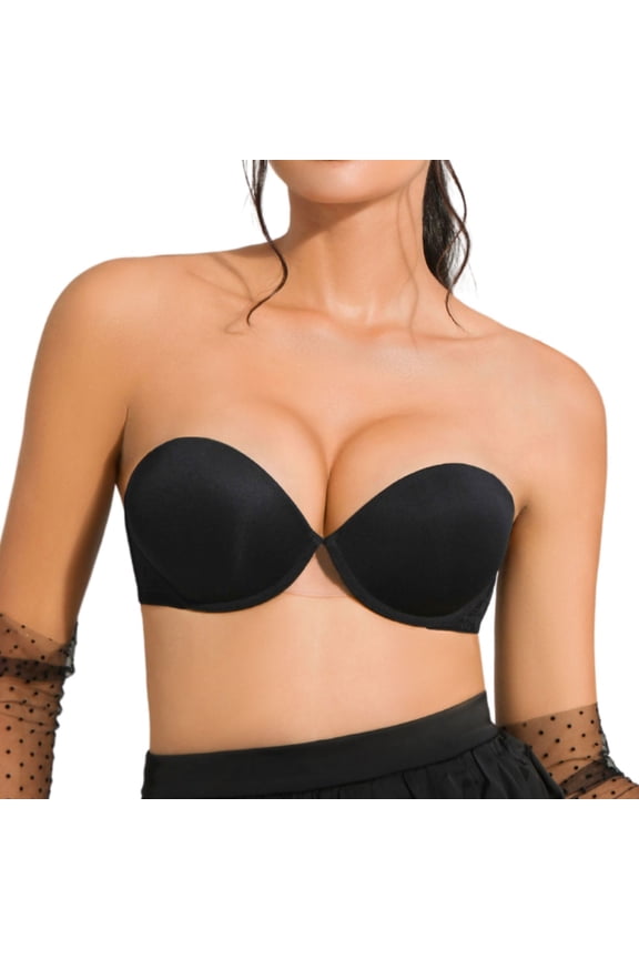 Women's Strapless Push Up Bra with Clear Straps Multiway Thick Padded Underwire Bras, Black 38C