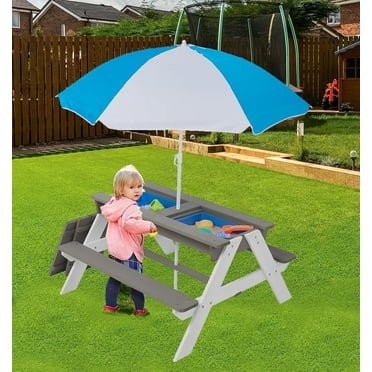 YANFEN Kids 3-in-1 Sand & Water Activity Table,Outdoor Wooden Picnic Table with Umbrella,Convertible Sand & Wate,2 Play Boxes, Removable Top