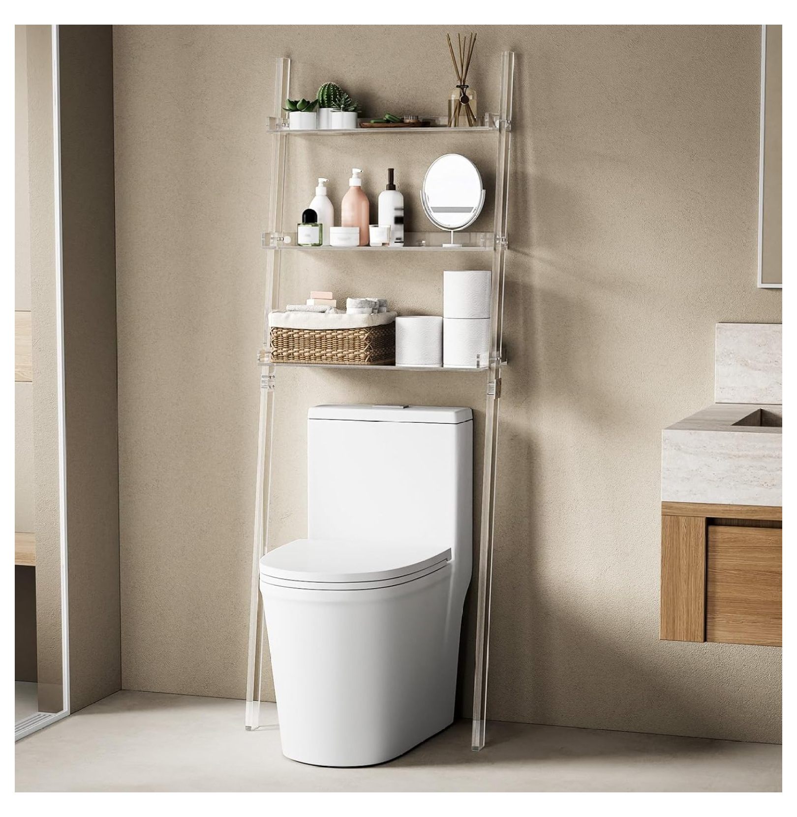 YANFEN Over The Toilet Ladder Shelf 3 Tier Clear OverTheToilet