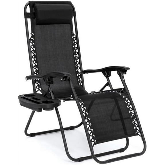 YANG2 1 Chair Zero Gravity Lounge Chairs Outdoor Adjustable Reclining Patio Chair Steel Mesh Folding Recliner for Pool Beach Camping Lounge Chair with Pillows and Cup Tray (1, Black)
