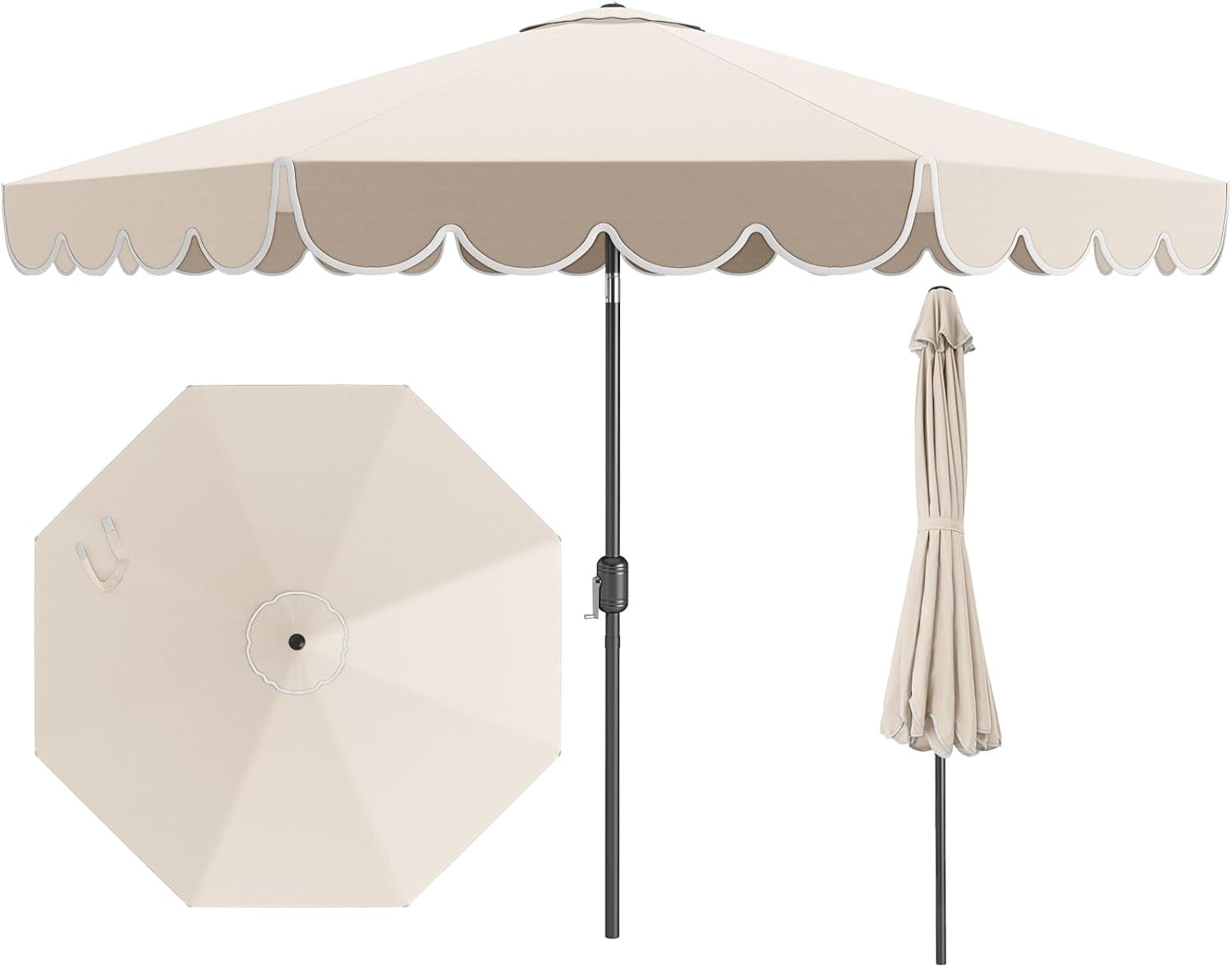 UVO Strongest Parasol Umbrella - 3 Tier Folding, Full Blackout UPF 50+, Beige Embroidered Flower, Bamboo Handle, 21.7" Rib