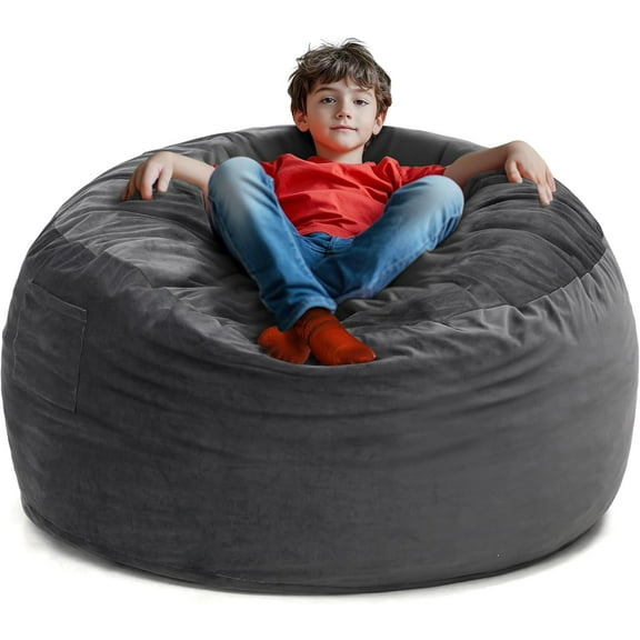 YANG2 3.5 Foot Bean Bag Chair for Adults and Teens, Ideal Comfy Beanbag for Living Room, Bedroom, Dorm, Soft Velvet Washable Cover, Dark Grey