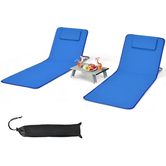 YANG2 3 Pieces Beach Chairs for Adults, Lightweight Lawn Lounge Chairs with 5 Adjustable Recline Position, Zipper Pocket, Backpack 2 Pack Beach Chairs Set with Folding Side Table-Blue