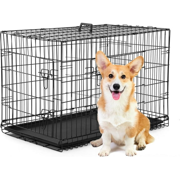 YANG2, 30 Inch Dog Crates for Medium Small Dogs Folding Metal Wire Crates Dog Kennels Outdoor and Indoor Pet Dog Cage Crate with Double-Door,Divider Panel, Removable Tray,Black