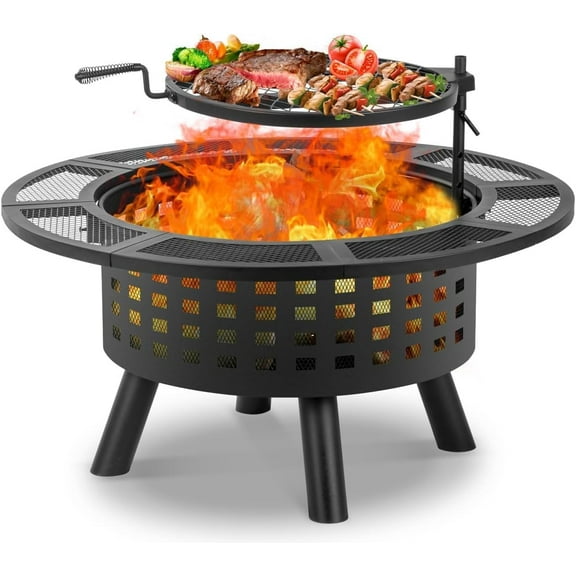YANG2 36 inch Outdoor Fire Pit with Grill,Wood Burning Firepits for Outside with Lid & Fire Poker,Metal 3-in-1 Fire Pit Table with Cooking Grate,Outdoor Fireplaces for Bonfire,Yard,BBQ