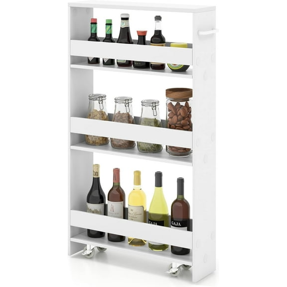 YANG2,4-Tier Slim Storage Cart, Kitchen Utility Cart on Wheels with Handle & Open Shelves, Narrow Rolling Storage Cart, for Kitchen, Bathroom, Laundry, Small Places (Plain White)
