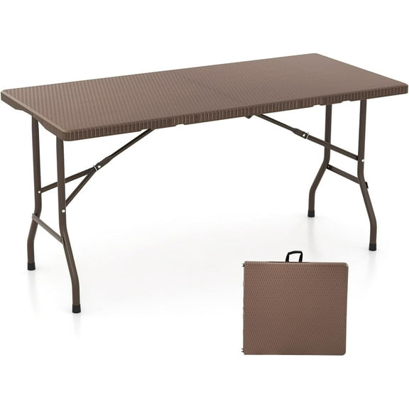 YANG2 5 FT Folding Table, HDPE Foldable Dining Table for 6, Indoor Outdoor Use for Party Banquet Wedding Picnic Camping BBQ, Fold-in-Half Portable Space Saving Design (Brown)