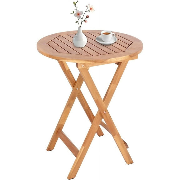 YANG2 Acacia Wood Round Table, Foldable Waterproof Large, Collapsible Rustic Outdoor Wooden Coffee Tables for Patio Lawn Deck Balcony Bathroom-Natural