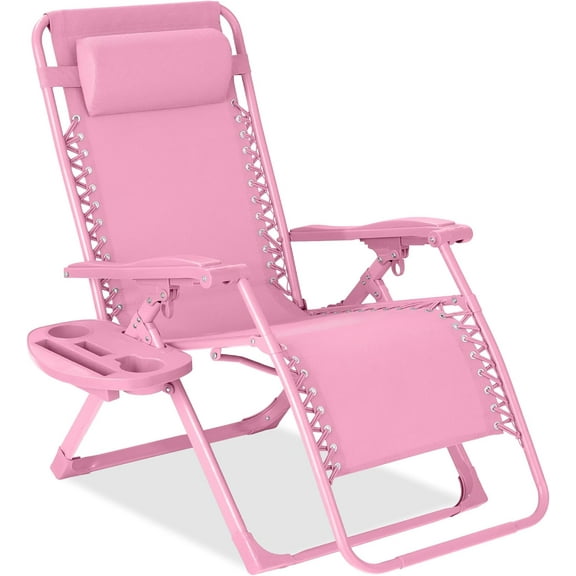 YANG2 Adjustable Zero Gravity Chair, Monochromatic Color Folding Patio Recliner w/Side Tray, Headrest - Carnation