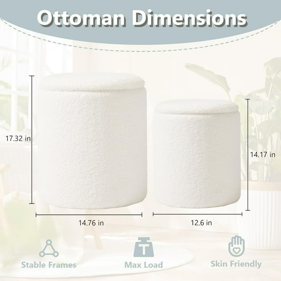 YANG2 Boucle Round Ottoman with Storage Set of 2,Small Foot Stool Ottoman for Living Room, Small Coffee Table,Vanity Stool with Storage for Bedroom, White