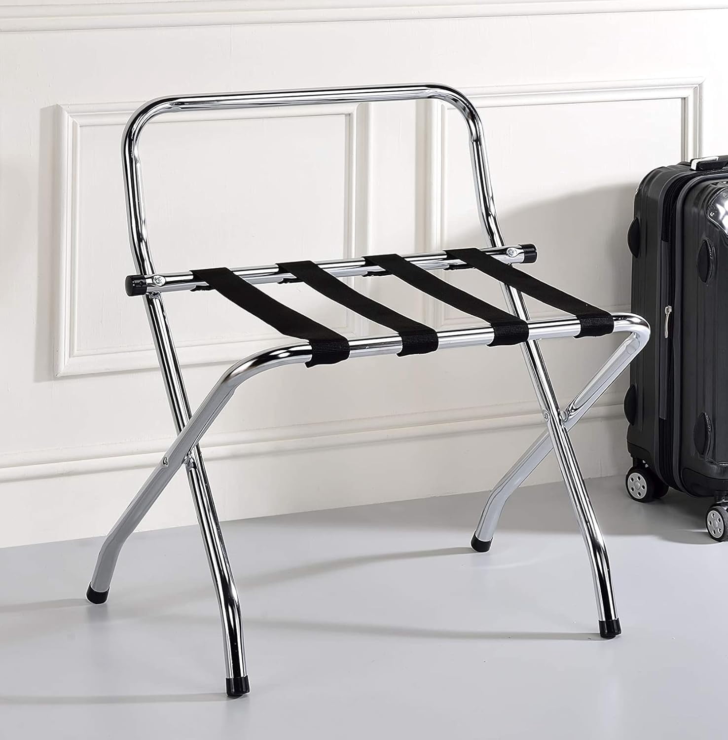 YANG2 Chrome/Black Metal Foldable High Back Luggage Rack - Heavy-Duty ...