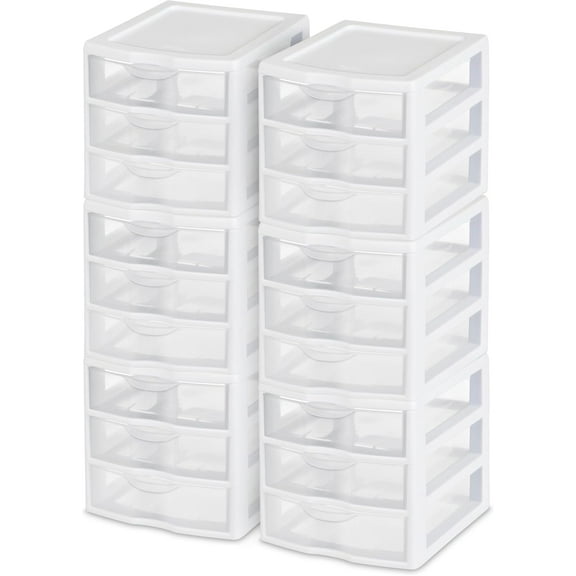 YANG2 ClearView 3-Drawer Cart, Small Plastic Storage Organizer Drawers, White - Organizing Drawer Containers for Bathroom, Closet, Kitchen, and Bedroom-6 Pack