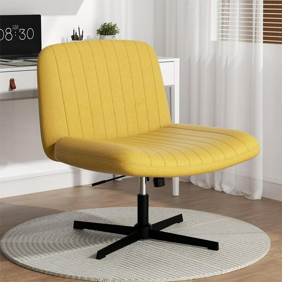 YANG2 Cross Legged Office Chair, Armless Wide Chair's for Vanity Desk, Criss Cross Comfy Chairs with Back, Desk Chair/s of Height Adjustable Swivel, Yellow