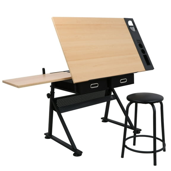 YANG2 Drafting Table Drawing Desk Art&Craft Work Station Height Adjustable Tilting Tabletop Craft Table Desk w/Stool and 2 Storage Drawers for Home Office Study Room,MDF-Liftable