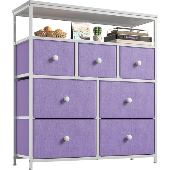 YANG2 Dresser for Bedroom with 7 Drawers,Dressers & Chests of Drawers, Dresser for Clothes Storage with Wooden Top and Metal Frame, Entertainment Center-Purple