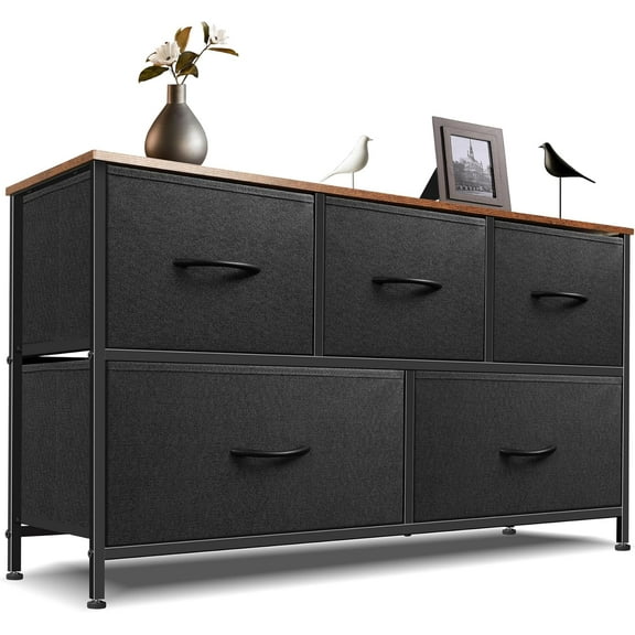 YANG2 Dresser for Bedroom with 9 Drawers, Chest of Drawers, Storage Drawers Organizer Unit, Black Wide Fabric Dresser with Fabric Bins for Closet, Living Room, Entryway (Black and Rustic Brown)