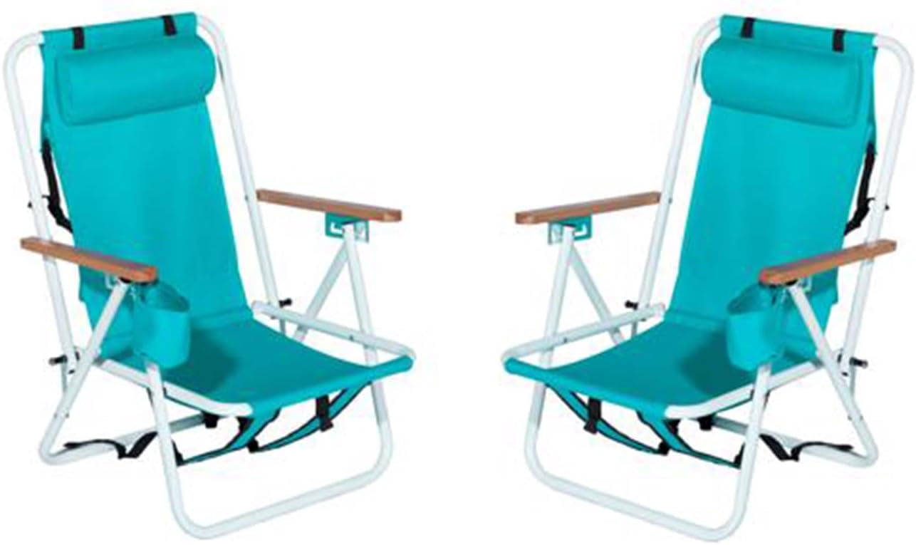 Folding Beach Chair With Backpack Straps - 4 Position Reclining, Headrest, Cup Holder, Wooden Armrests, Blue & Green Stripes