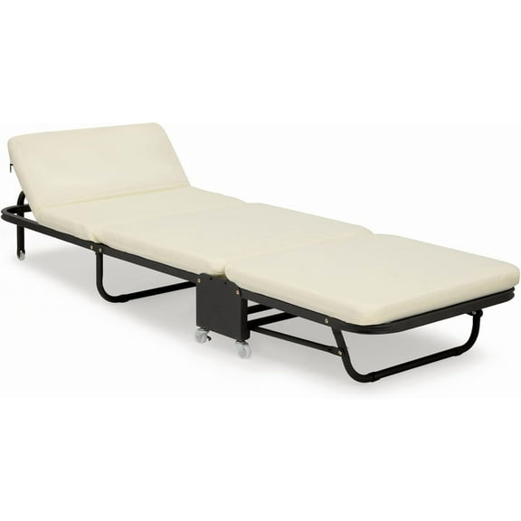 YANG2 Folding Cot for Adult with Comfortable Mattress, Portable Folding Cot Bed with Wheel for Easy Move Heavy Duty Sleeping Bed Space Saving for Camping Outdoor Support 330lbs White