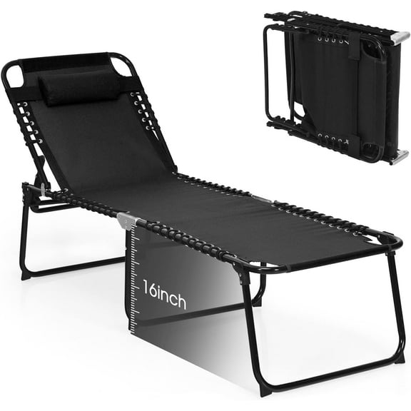 YANG2 Lounge Chairs for Outside, Extra High Folding Beach Tanning Lounger with 4-Level Adjustable Backrest, 2-Level Footrest & Removable Pillow, Sunbathing Lounge for Patio, Lawn, Poolside (1, Black)
