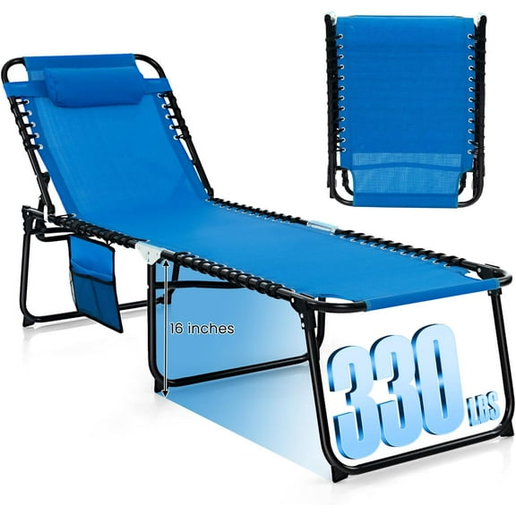 YANG2 Lounge Chairs for Outside, Extra High Folding Beach Tanning Lounger with Adjustable Backrest, Footrest & Removable Pillow, Sunbathing Lounge for Patio, Poolside (1, Navy with Pocket)