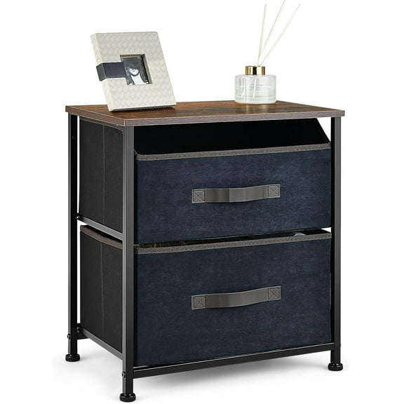 YANG2 Nightstand with 2 Drawers, End Table Small Dresser w/Removable Fabric Bins & Wood Top, Sturdy Metal Frame, Pull Handle, Bedside Table for Home Bedroom College Dorm (Set of 1)