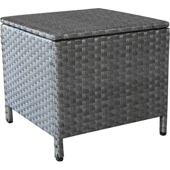 YANG2 Outdoor Wicker Storage Side Table, Patio Grey PE Rattan End Table with Storage, Square Container for Furniture Covers, Toys, and Gardening Tools