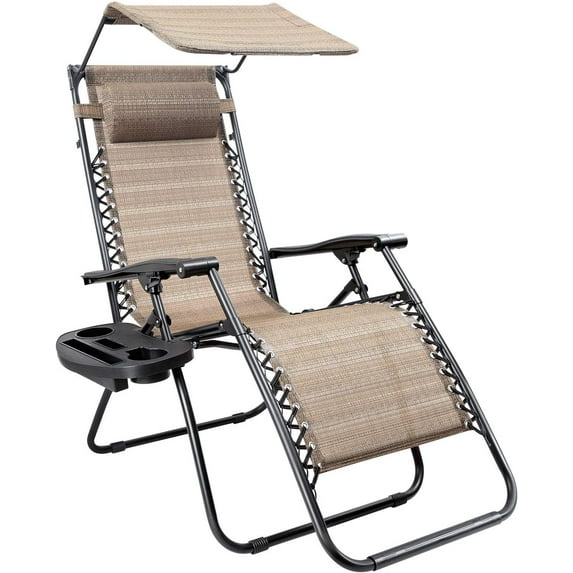 YANG2 Patio Zero Gravity Chair Outdoor Recliner Lounge Chair with W/Folding Canopy Shade and Cup Holder (Beige)