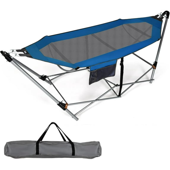 YANG2 Portable Folding Hammock, Lounge Camping Bed with Hammock Stand, Indoor & Outdoor Hammocks w/Side Pocket, Anti-tip Buckles & Iron Stand for Camping Outdoor Patio Yard Beach (Blue)