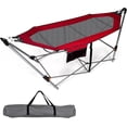 thumbnail image 1 of YANG2 Portable Folding Hammock, Lounge Camping Bed with Hammock Stand, Indoor & Outdoor Hammocks w/Side Pocket, Anti-tip Buckles & Iron Stand for Camping Outdoor Patio Yard Beach (Red), 1 of 9