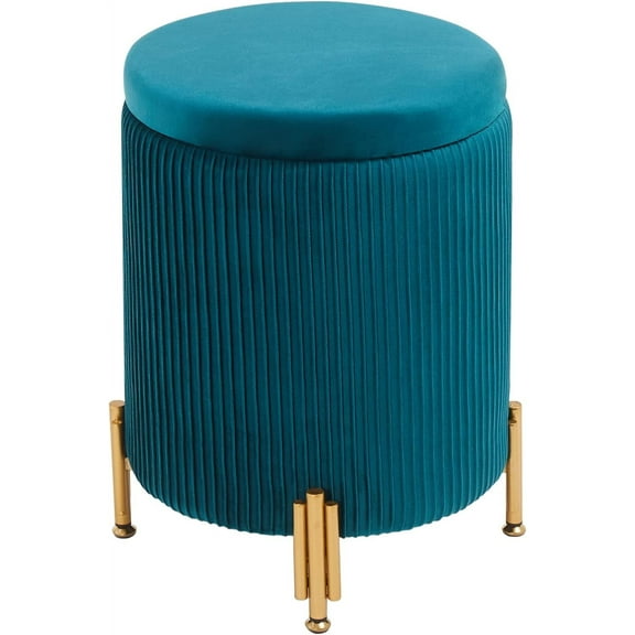 YANG2 Round Ottoman Foot Stool with Storage and Metal Legs for Living Room Bedroom, Velvet Upholstered Footrest Stool Support 300lbs Modern Padded Seat Ottoman Coffee Table (Teal)