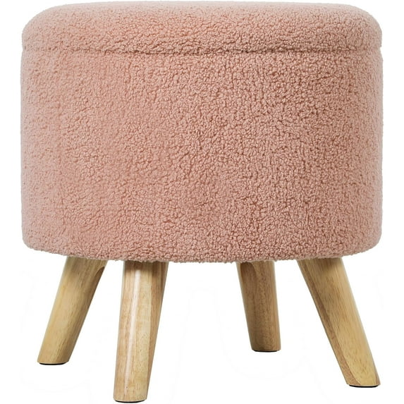 YANG2 Round Storage Ottoman, Linen Fabric Foot Stool with Removable Top, Padded Seat, Small Foot Rest with Hidden Space and Wooden Legs for Living Room, Pink