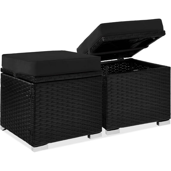 YANG2 Set of 2 Wicker Ottomans, Multipurpose Outdoor Furniture for Patio, Backyard, Additional Seating, Footrest, Side Table w/Storage, Removable Cushions - Black/Black