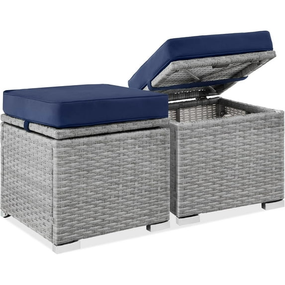 YANG2 Set of 2 Wicker Ottomans, Multipurpose Outdoor Furniture for Patio, Backyard, Additional Seating, Footrest, Side Table w/Storage, Removable Cushions - Gray/Navy