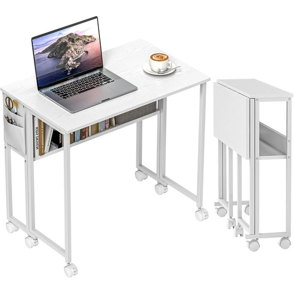 YANG2 Small Folding Desk, Rolling Computer Desk Foldable with Storage Bag and Shelf, 31.5" Portable Writing Table on Wheels for Small Spaces, Home Office, Study, Easy Assembly, White