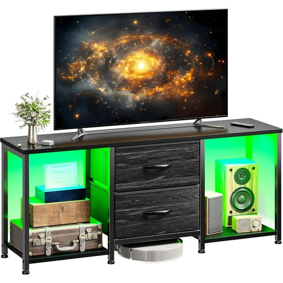 YANG2 TV Stand for Bedroom with LED Lights, Dresser TV Stand with Two Fabric Drawers and Open Storage Shelves, TV Stands for Living Room, Entertainment Center, Black
