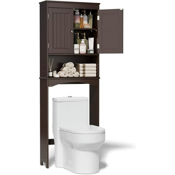 YANG2 Over The Toilet Storage Cabinet with Adjustable Shelf and Double Doors, Bathroom Space Saver Organizer Above Toilet with Open Shelf, Taller Wooden Free Standing Toilet Rack -Espresso