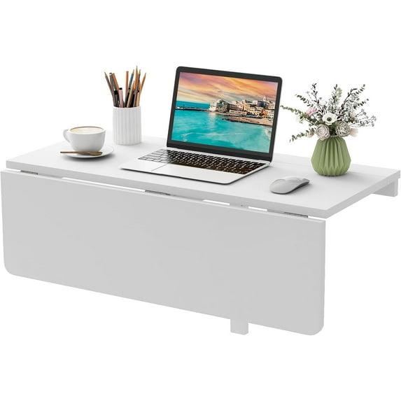 YANG2 Wall Mounted Folding Table, 31.5" x 23.5" Wood Murphy Desk Drop-Leaf Table, Space Saving Foldable Floating Desk, Wall Desk Fold Down for Small Spaces, Study, Bedroom, Bathroom (White)